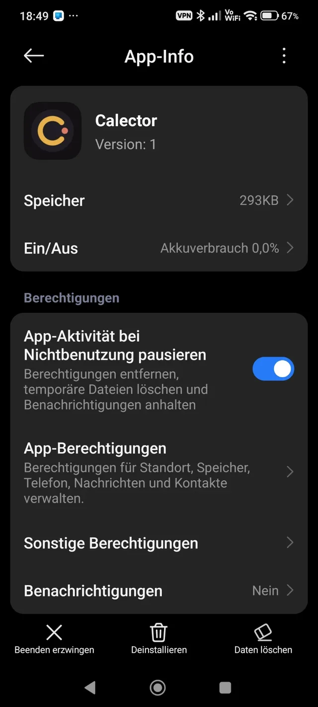 Die App-Info von Calector in den Android-Einstellungen: der Schalter «App-Aktivität bei Nichtbenutzung pausieren» steht auf Ein, darunter Benachrichtigungen: Nein