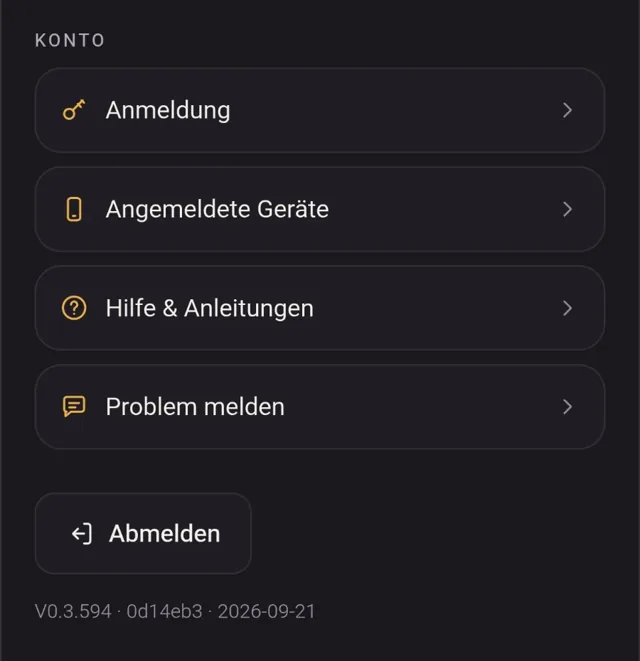 Das Konto-Menü, ganz unten die Zeile V0.3.594 · 0d14eb3 · 2026-09-21