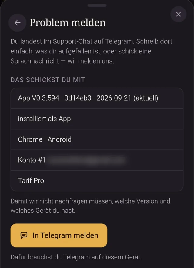 Die Seite «Problem melden»: die Liste dessen, was mitgeschickt wird, darunter der Knopf «In Telegram melden»
