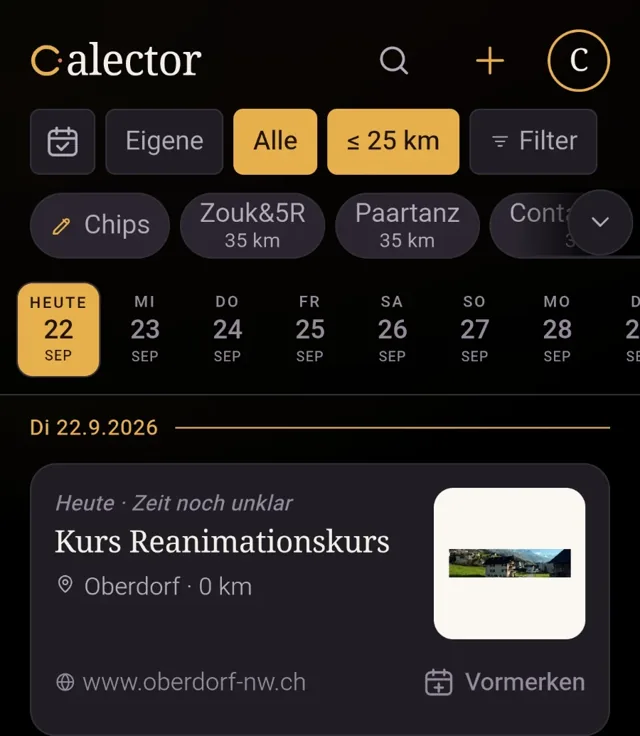 Die Startansicht der App, oben rechts der runde Konto-Knopf mit dem Anfangsbuchstaben