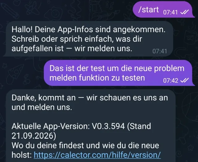 Der Support-Chat in Telegram: die Begrüssung des Bots, eine Meldung, die Eingangsbestätigung mit der aktuellen Version